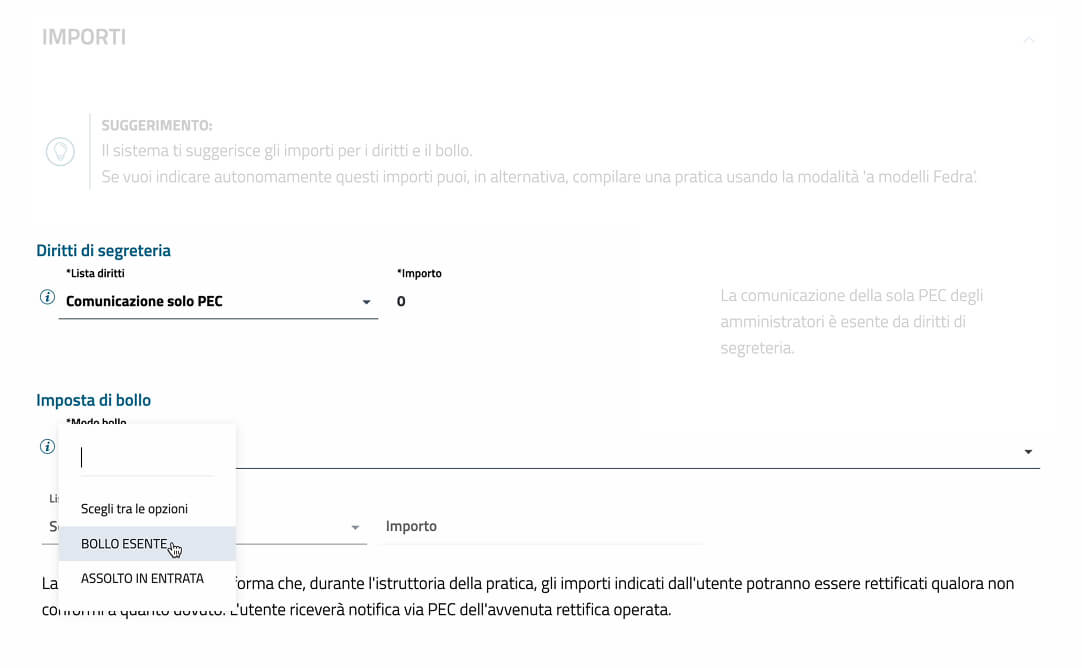 Screenshot: importi a 0
